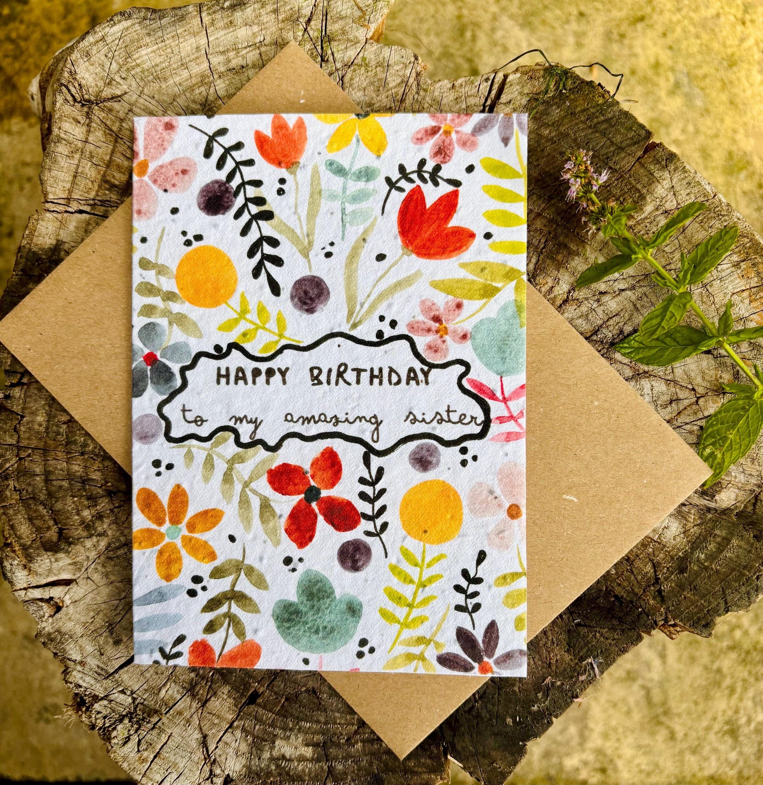 Biglietto di auguri di compleanno per sorella con carta con semi piantabili: biglietto ecologico con fiori di campo