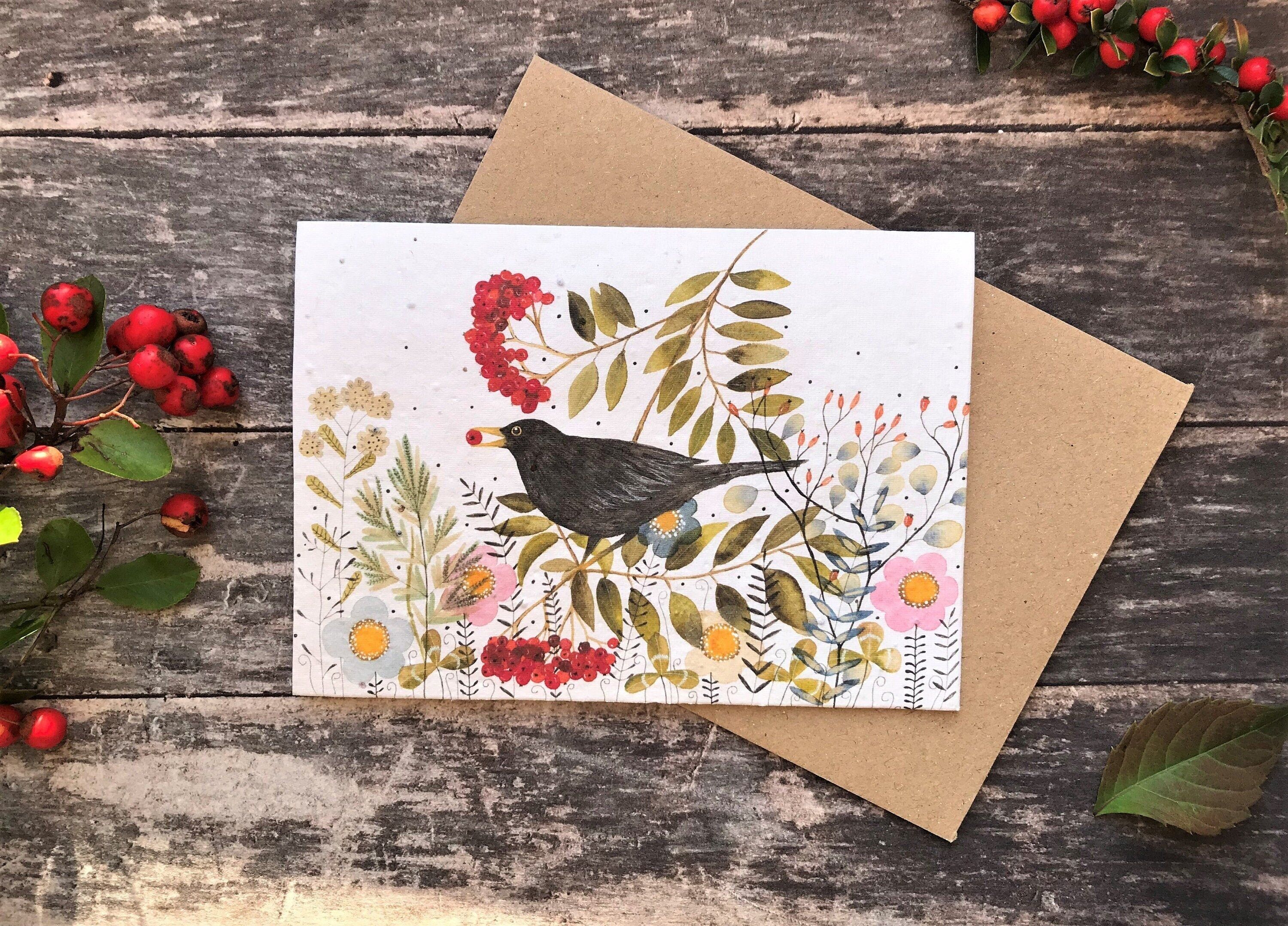 Plantable Seed Paper Birthday Card: Black Bird Flower Design