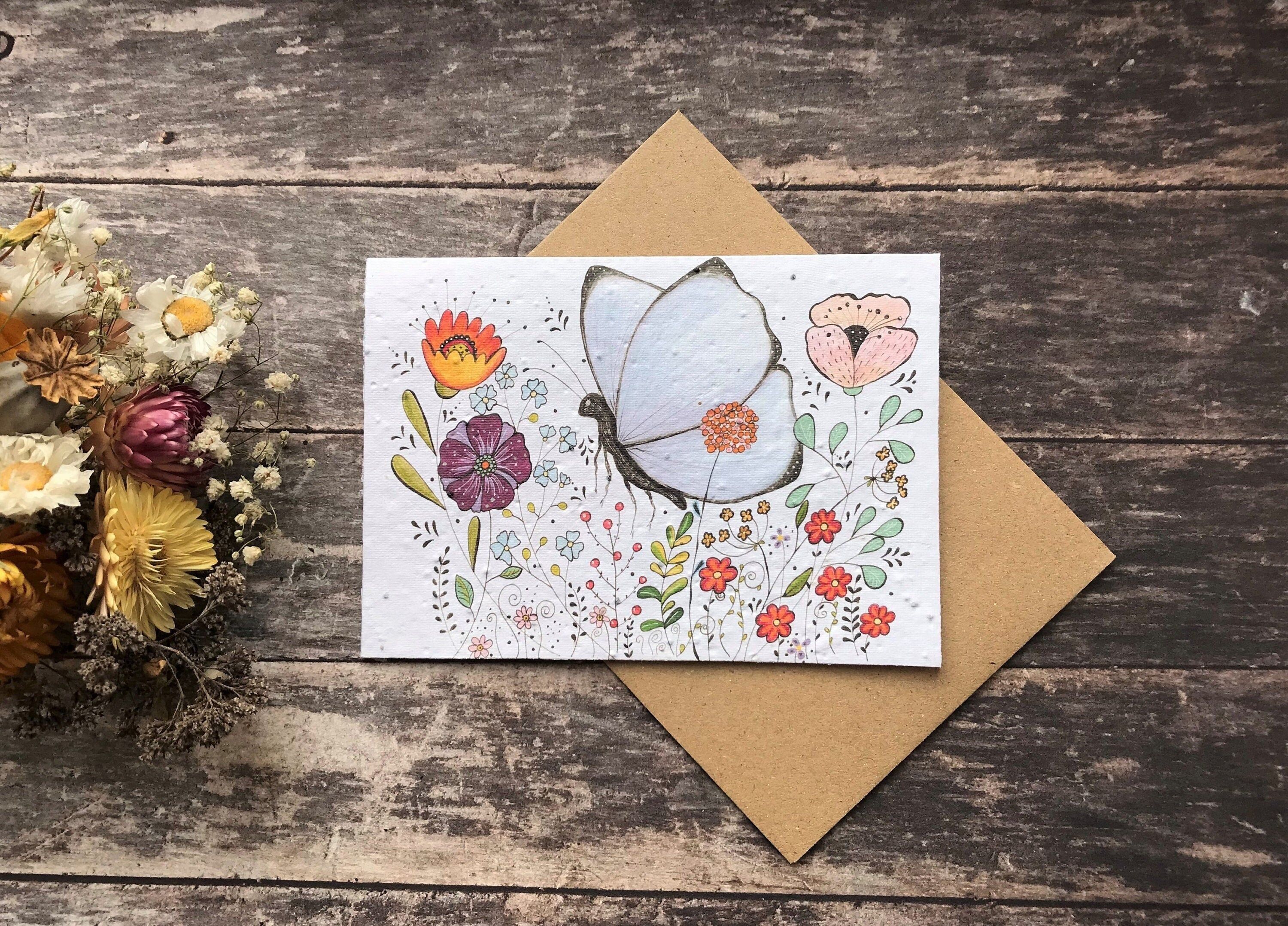 Plantable Seed Paper Birthday Card: Flower Butterfly Design