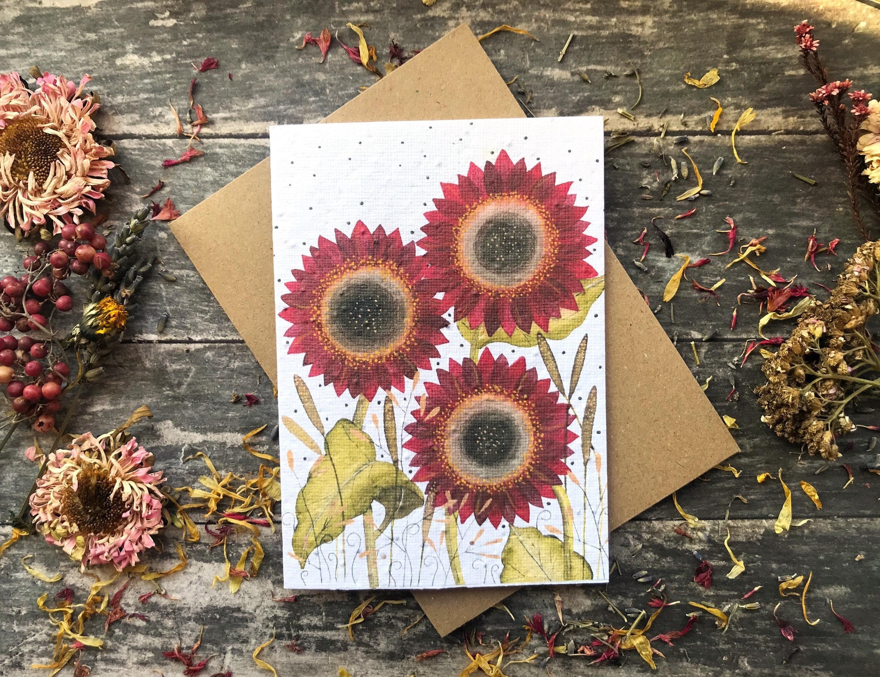 Plantable Seed Paper Card: Red Sunflower Watercolor Art