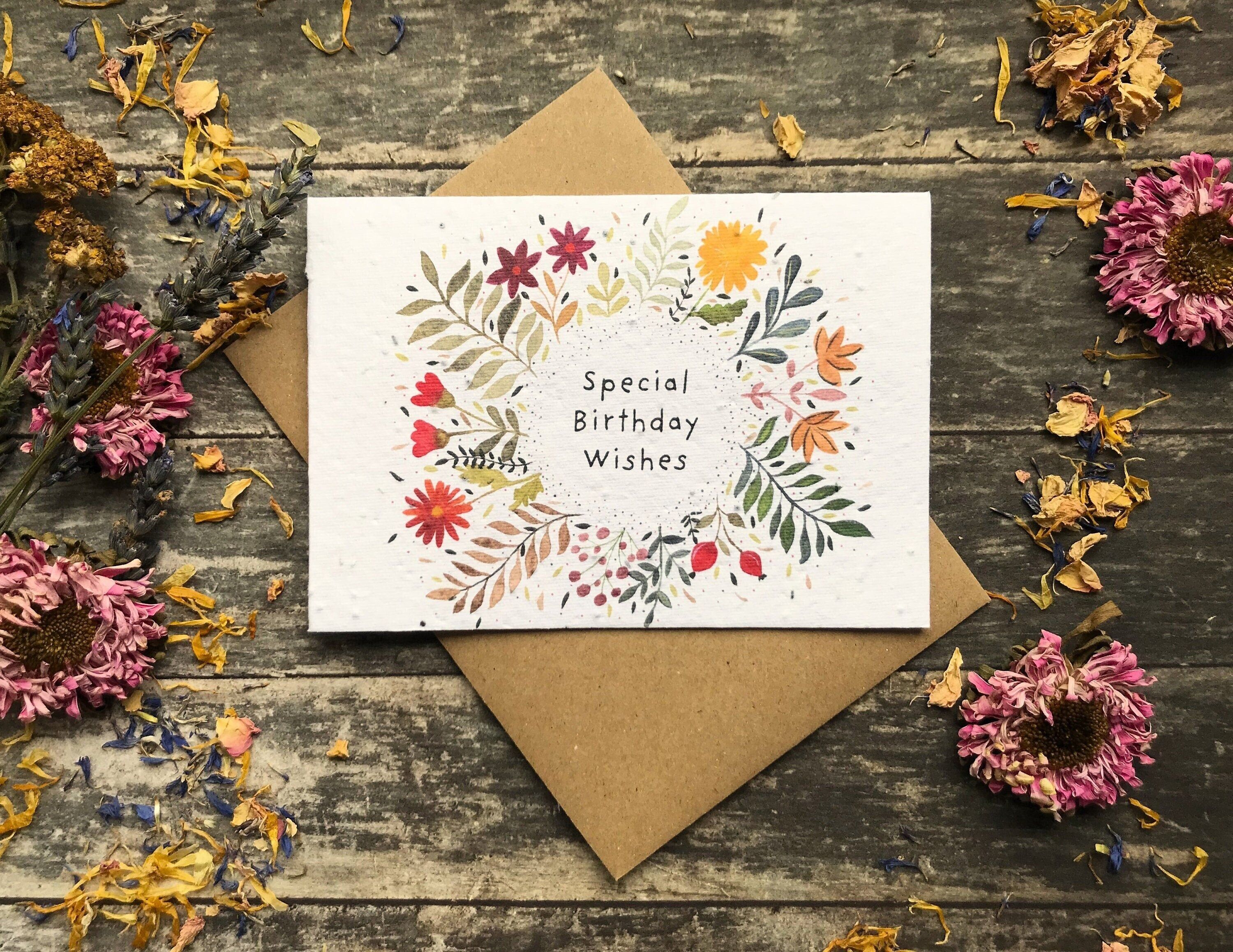Biglietto di auguri di compleanno con carta da semi piantabili: arte floreale ad acquerello