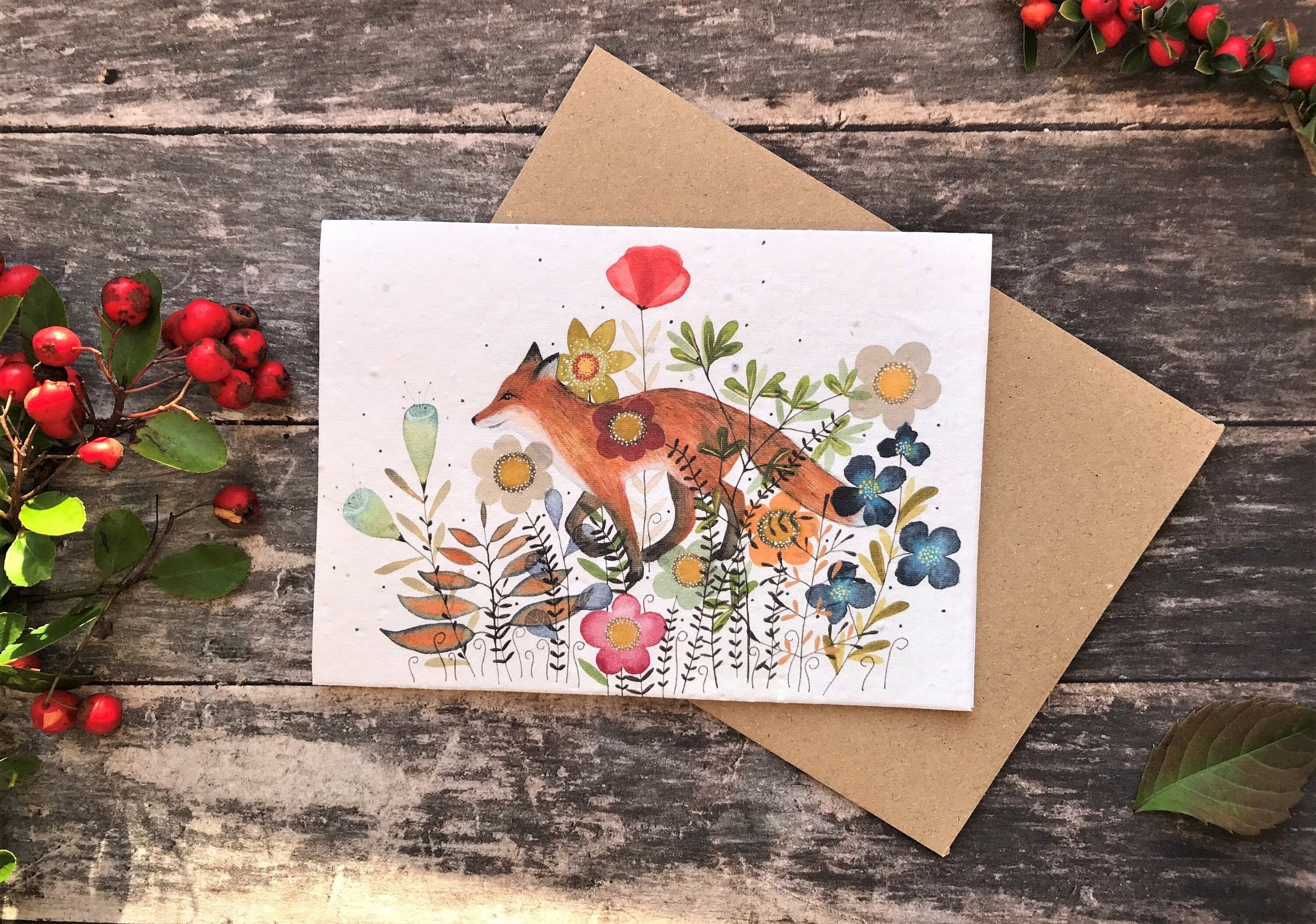 Plantable Seed Paper Birthday Card: Fox & Flowers, Eco-Friendly
