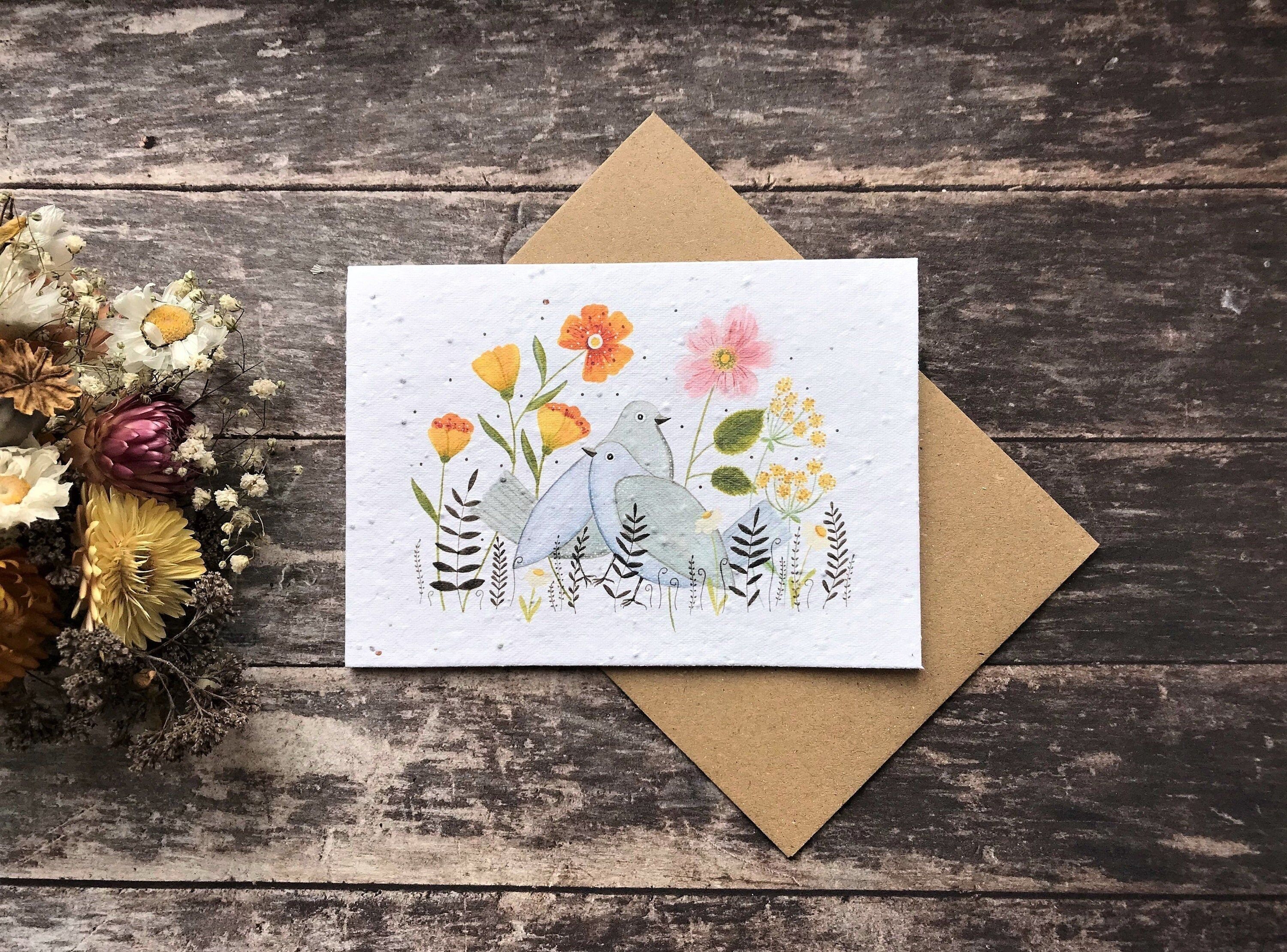 Plantable Seed Paper Birthday Card: Bird & Flower Illustration