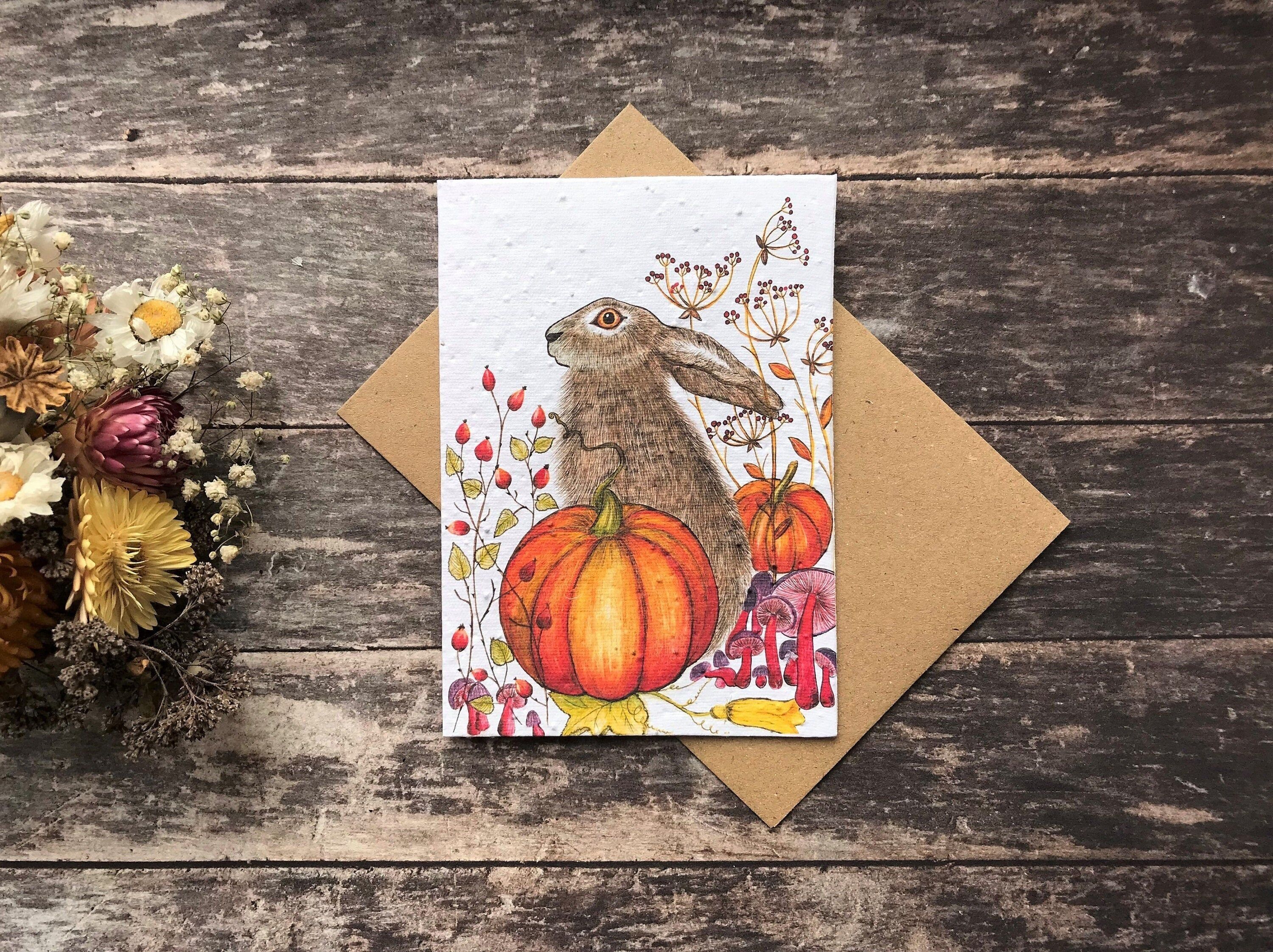 Hare & Pumpkin Plantable Seed Paper Card: Eco-Friendly Greeting