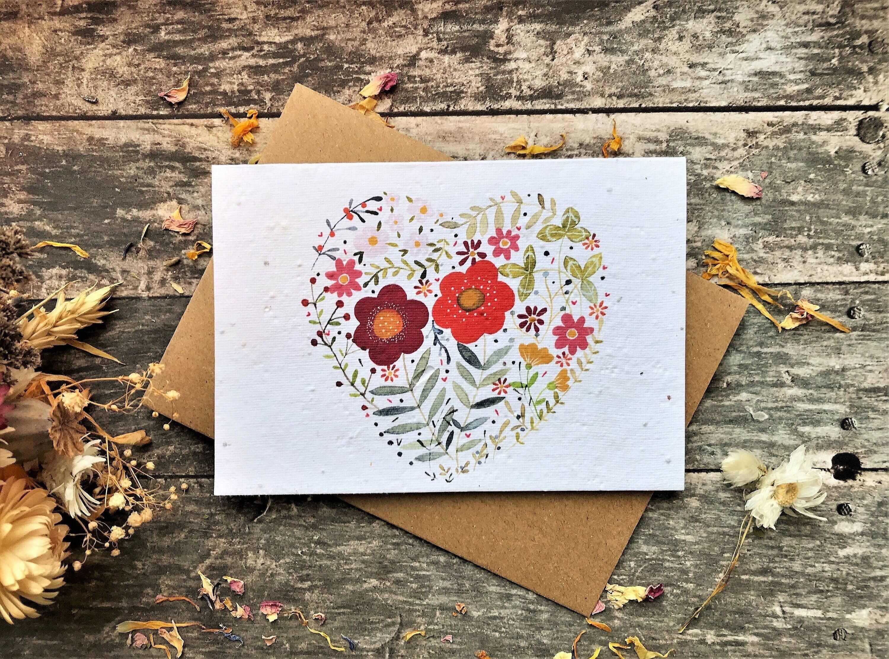 Plantable Seed Paper Card: Floral Heart, Eco-Friendly A6