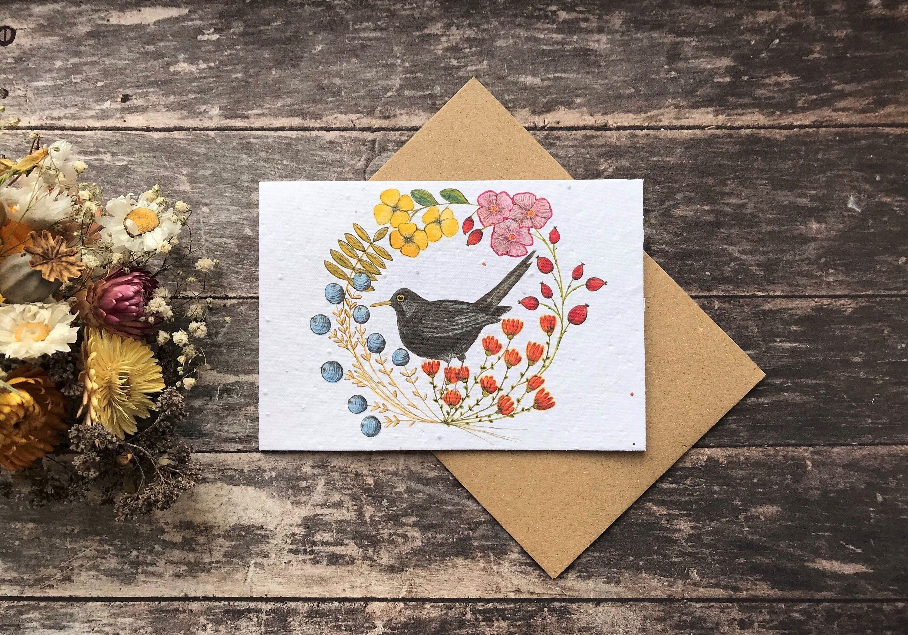 Plantable Seed Paper Birthday Card: Blackbird & Flowers