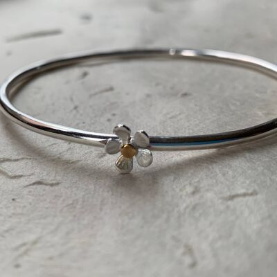 Flower Silver Charm Bangle with gold plated centre__6.8cms internal diameter (large adult)