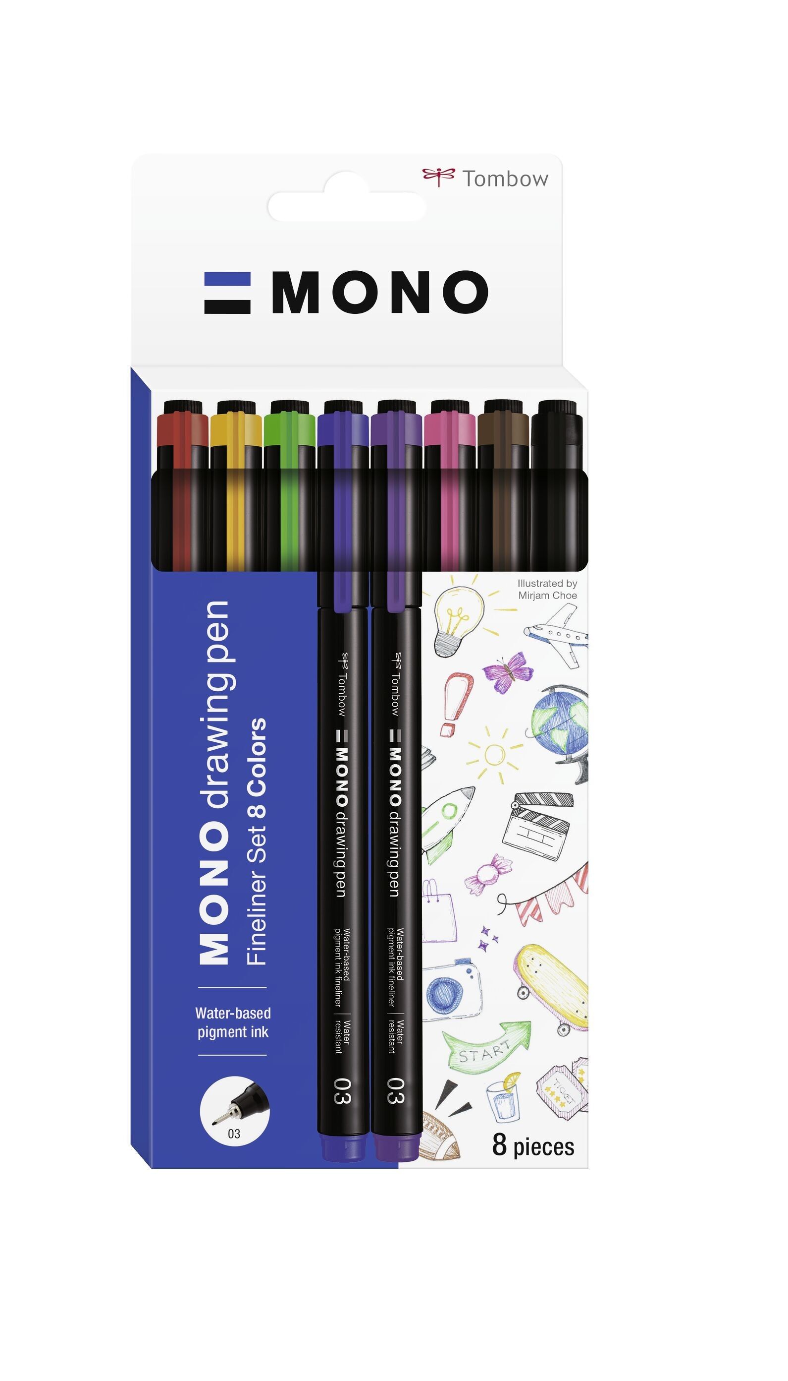 Fineliner MONO drawing pen set 8 pièces en 03 (rouge, jaune, marron, vert, bleu, violet, rose, noir)