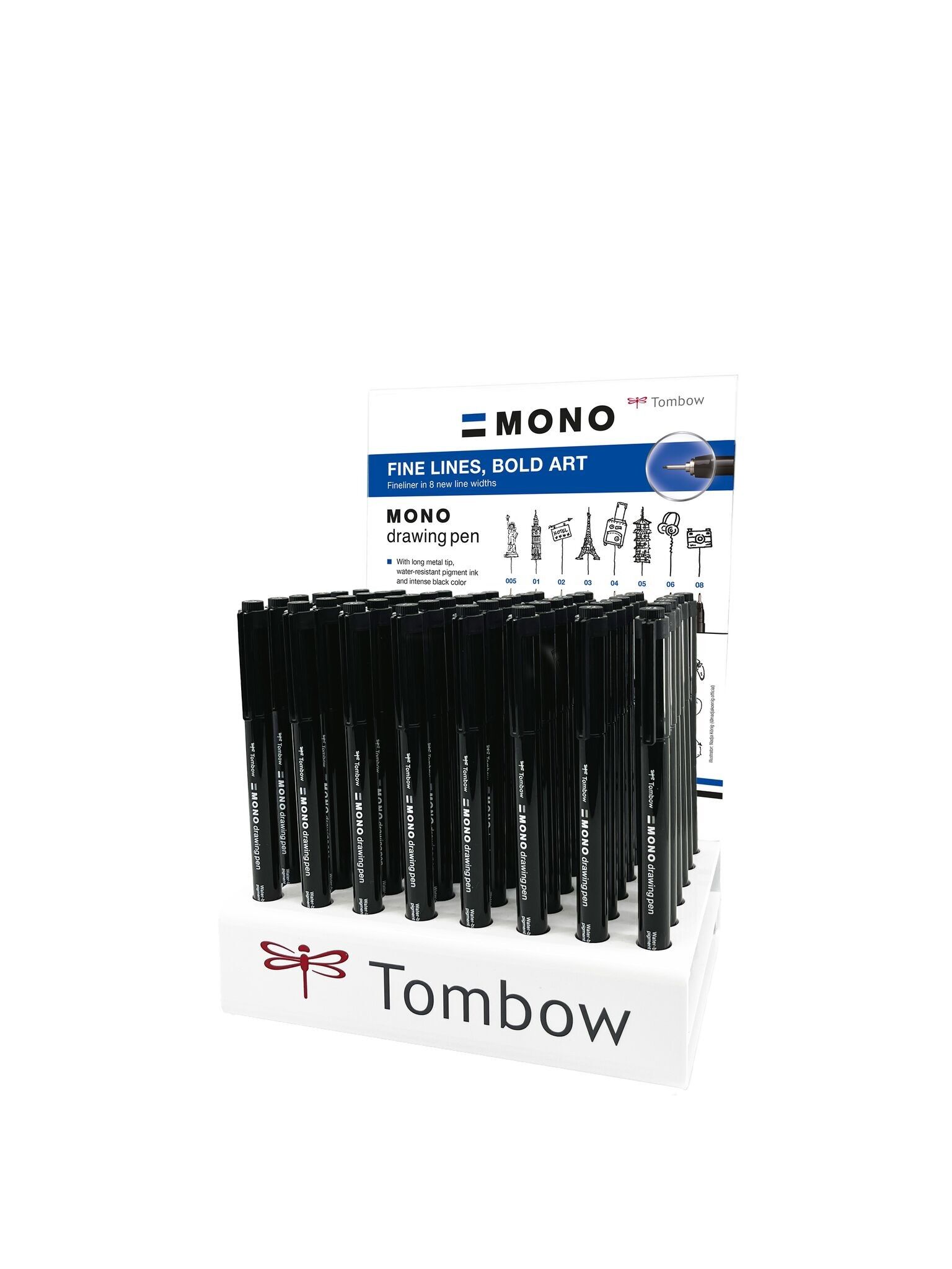 Fineliner MONO drawing pen présentoir, 48 pièces (8 x WS-EFL-H-005, -01, -03, -05; 4 x WS-EFL-H-02, -04, -06, -08), dimensions présentoir (H/L/P) 238 mm x 165 mm x 132 mm