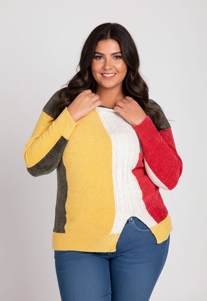 Suéter color caqui con bloques de talla grande (JX093)