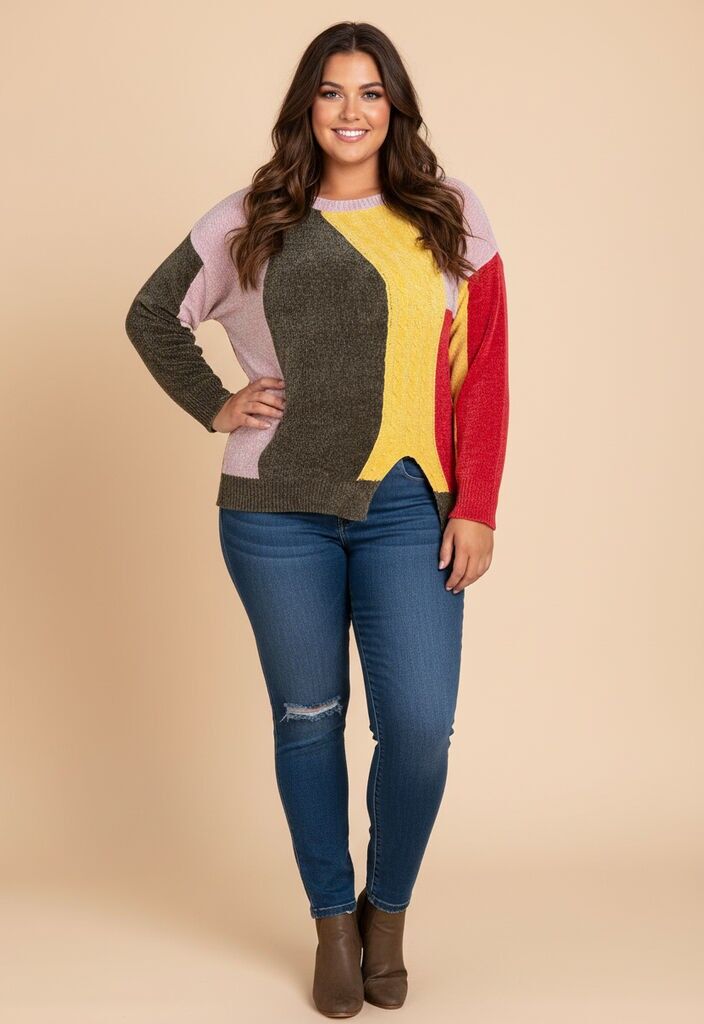 Suéter rosa con bloques de color de talla grande (JX093)