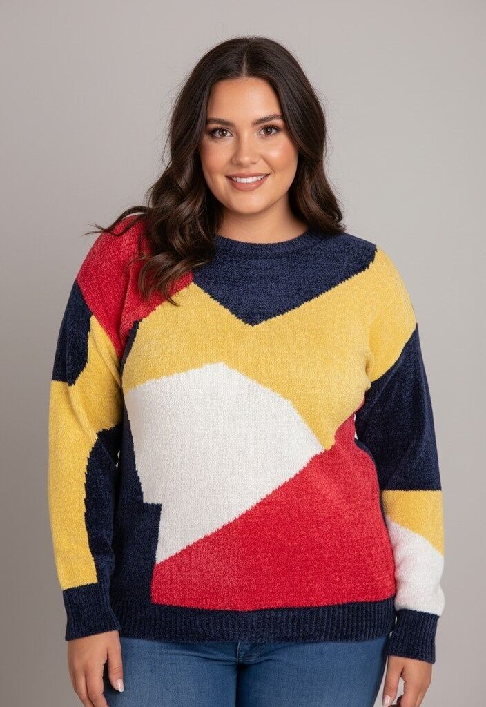 Suéter azul marino con bloques de color, talla grande (JX095)