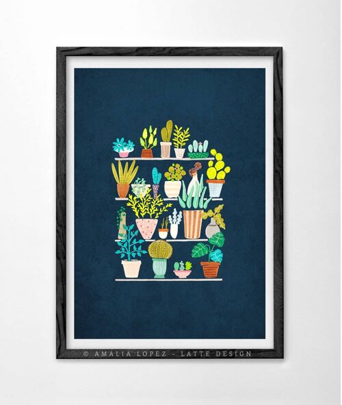 11.7'' x 16.5'' Pots and plants on blue Art Print