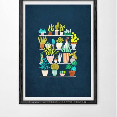 11,7 '' x 16,5 '' Vasi e piante su stampa artistica blu