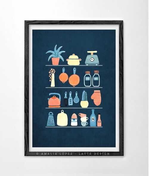 Kitchen shelves Art Print. Blue kitchen print__A3 (11.7'' x 16.5’’)