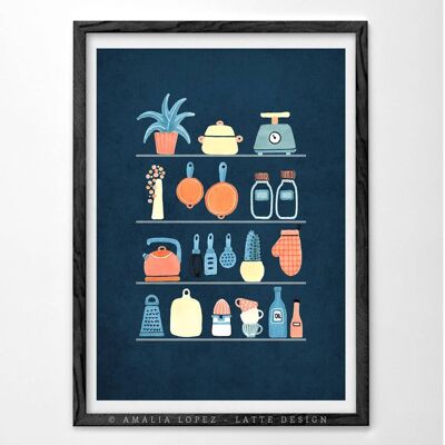 Kitchen shelves Art Print. Blue kitchen print__A3 (11.7'' x 16.5’’)