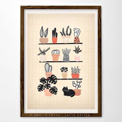 11,7'' x 16,5'' Pflanzen und schwarze Katze Kunstdruck