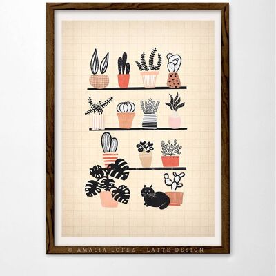 11.7'' x 16.5'' Plants and black cat Art print