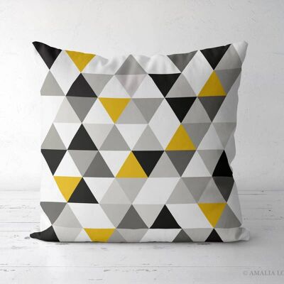 Cojín Triángulos negro, gris, blanco y amarillo