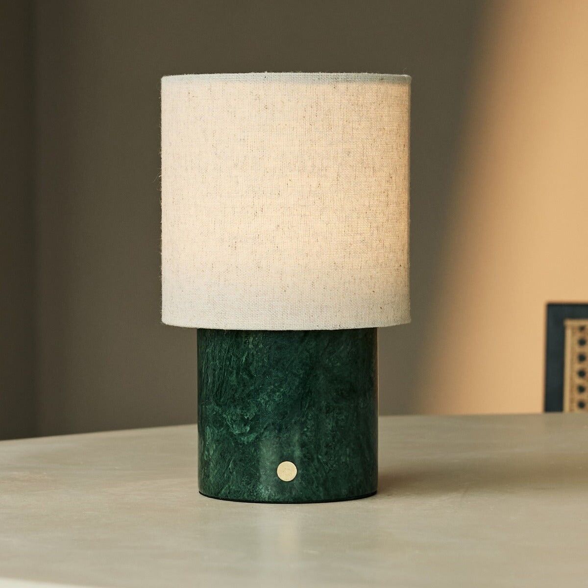 Onoda Green / Verde Alpi – Marble Rechargeable Table Lamp – With Linen Interchangeable Lampshade & Rechargeable Design