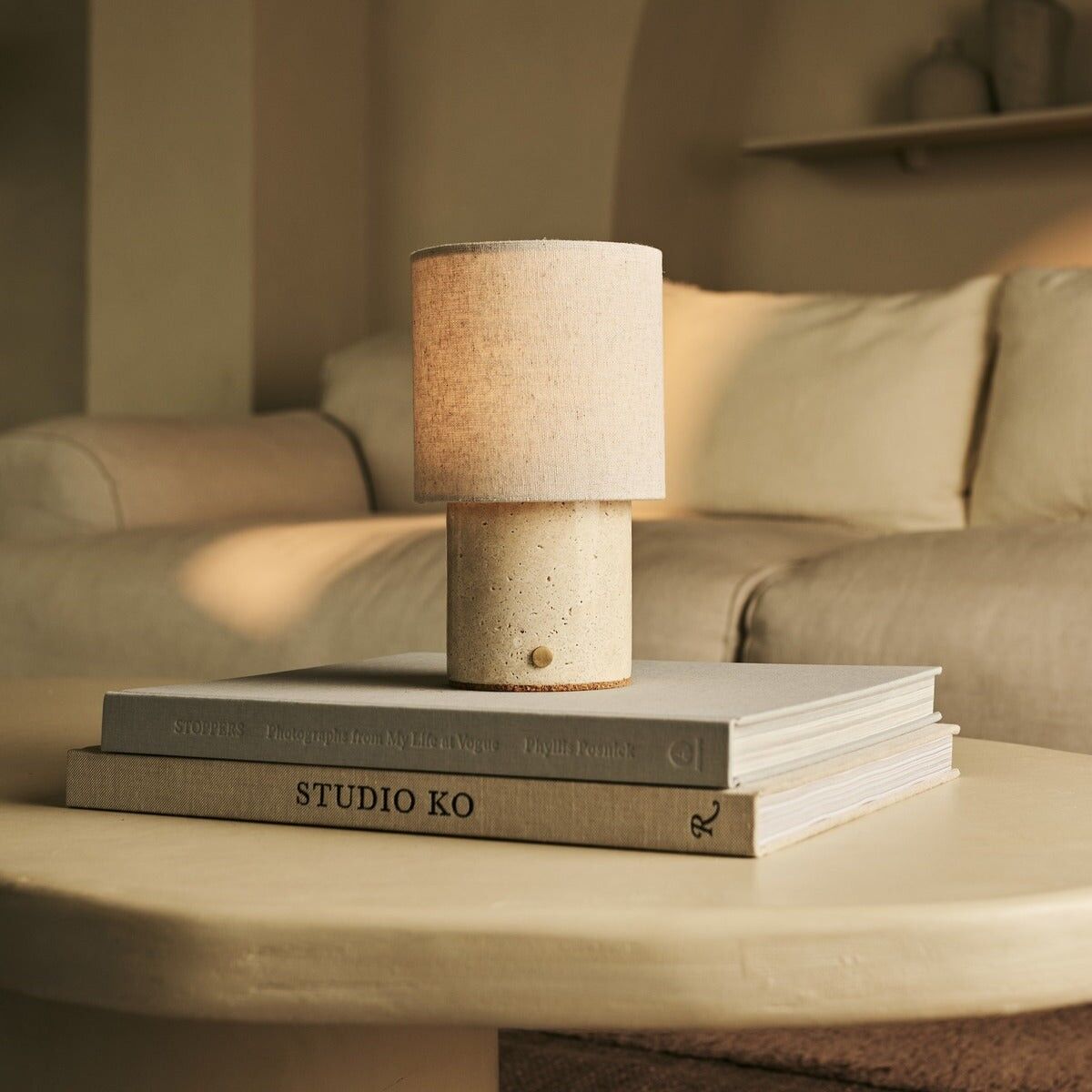 Onoda Beige / Travertino Classico – Travertine Rechargeable Table Lamp – With Linen Interchangeable Lampshade & Rechargeable Design
