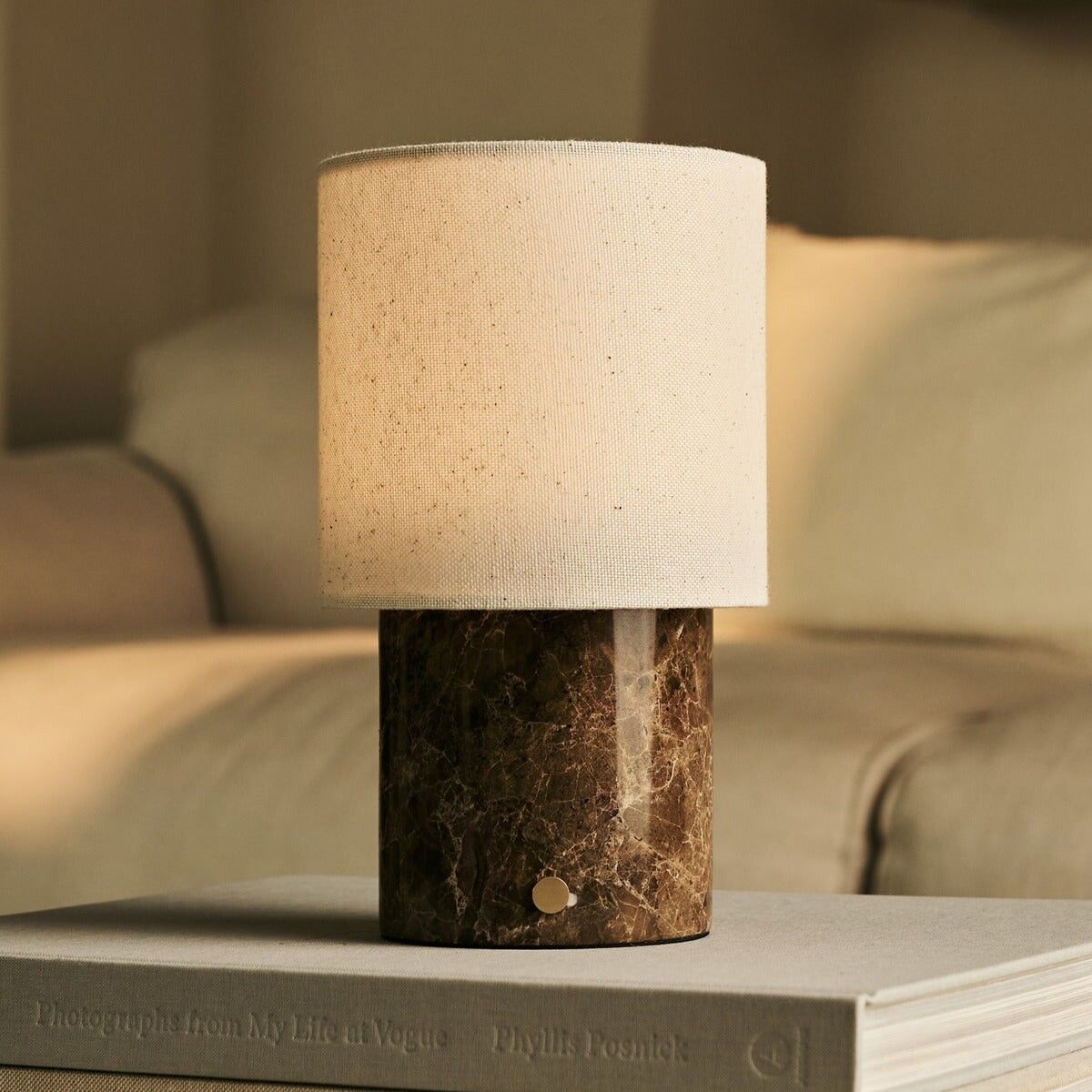 Dou Brown / Emeperador Dark – Marble Rechargeable Table Lamp – Cordless, 3 Light Modes & With Linen Interchangeable Lampshade