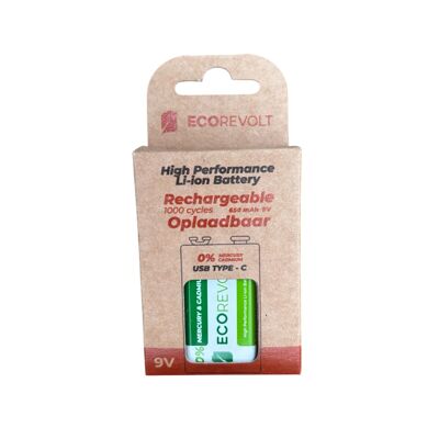 Batería ECOREVOLT – Batería recargable USB-C de 9 V y 650 mAh | 1000 ciclos
