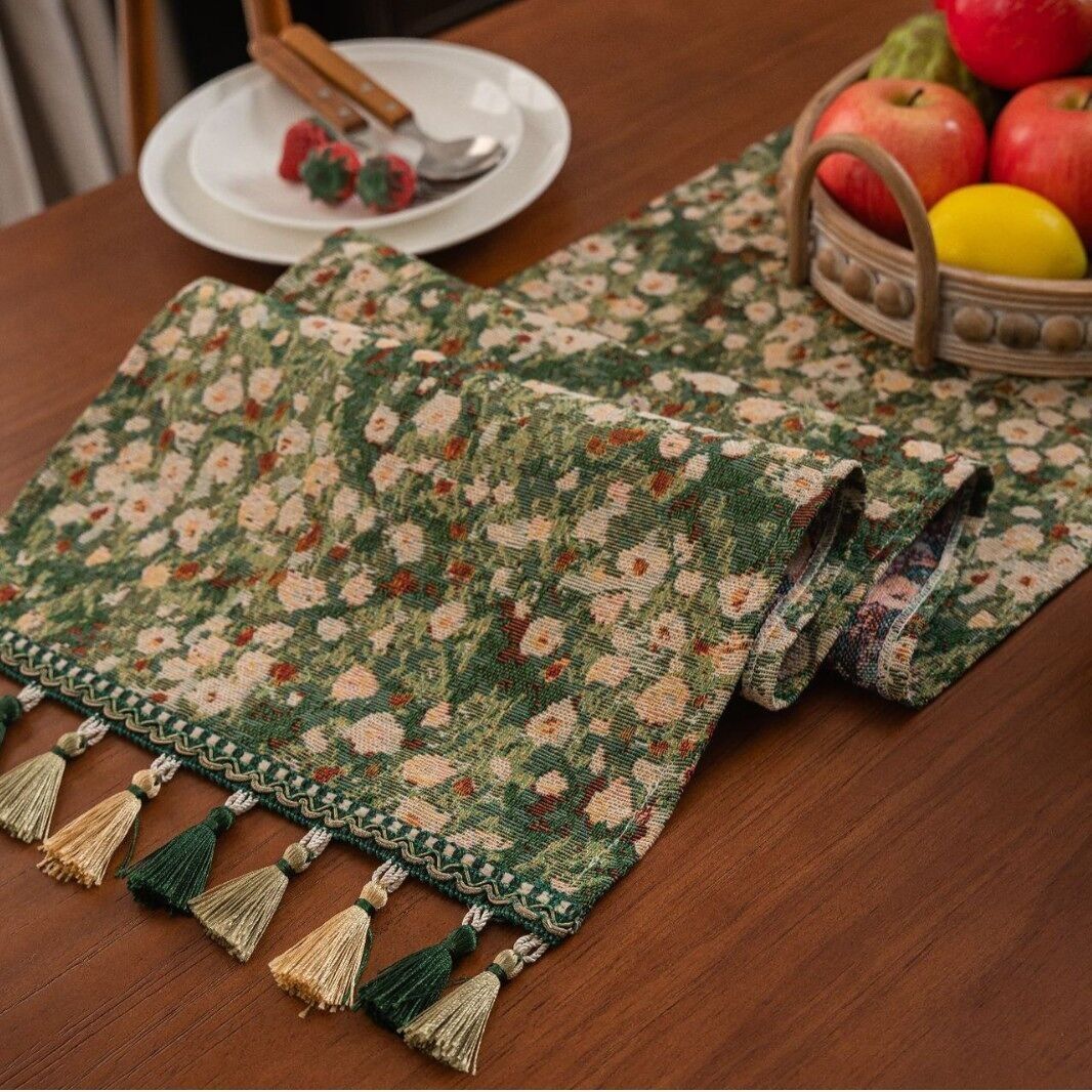 Blue Floral Tassel Table Runner – Poly-Cotton Blend, 30×120~400 cm, Decorative Table Flag