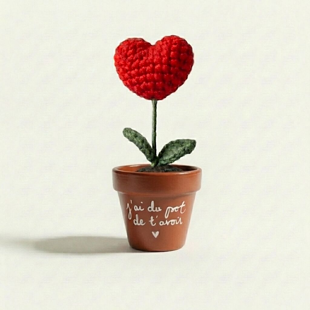 Joli Pot Flora, a personalized terracotta flower pot with a small crocheted heart