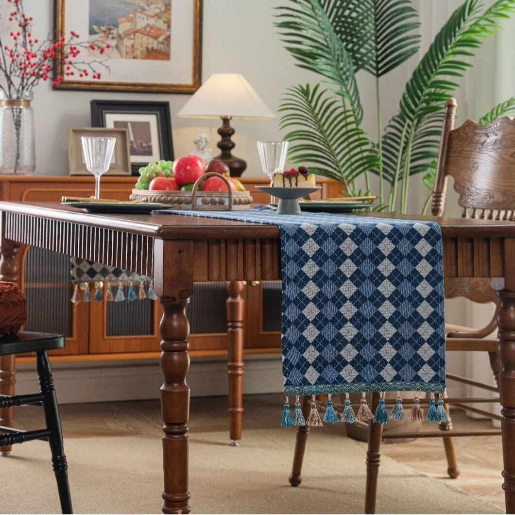 Blue & White Checkered Tassel Table Runner – Poly-Cotton Blend, 30×120～400 cm, Nordic Style Table Décor