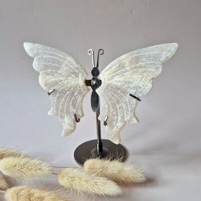Mariposa de piedra lunar azul con soporte de metal - Talla de cristal de piedra preciosa