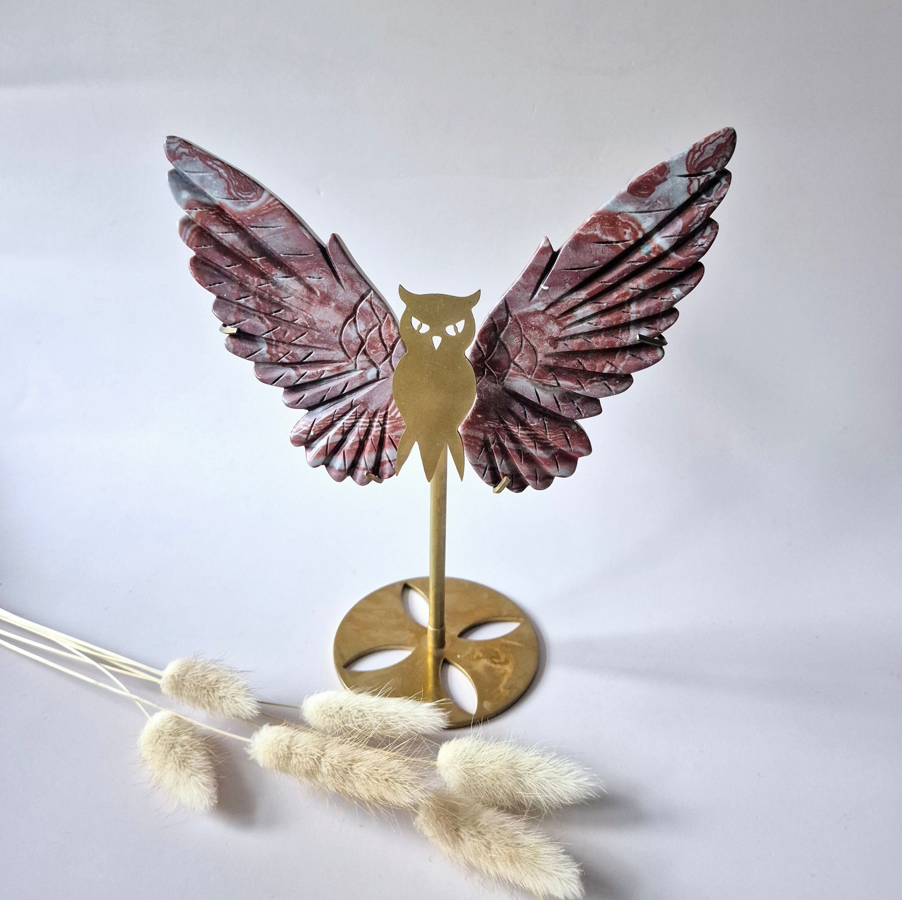Ailes de hibou XL en jaspe arc-en-ciel avec pierres précieuses et support en métal