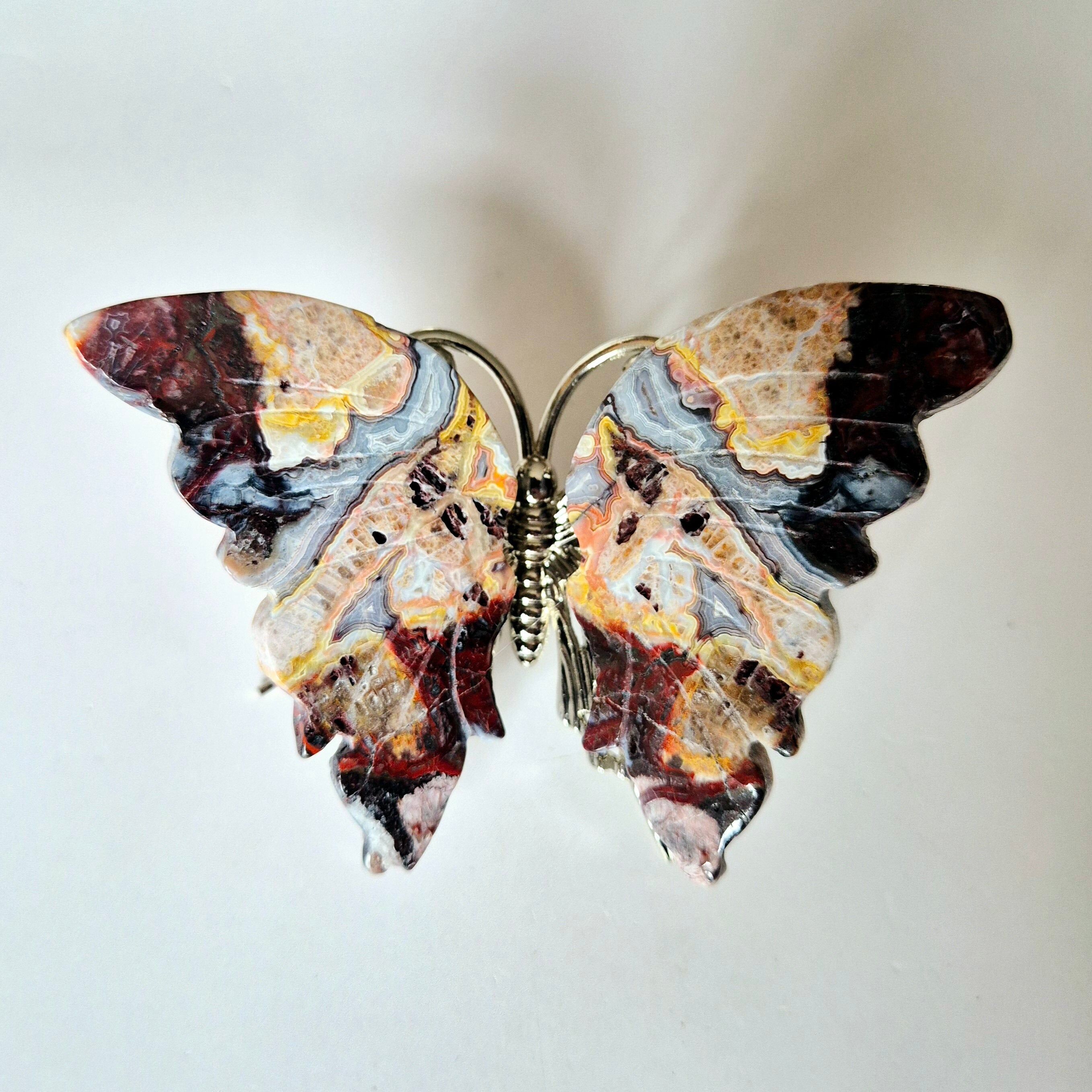 Mexican Agate Butterfly Crystal Carving Gemstone Butterfly with Metal Body 10cm