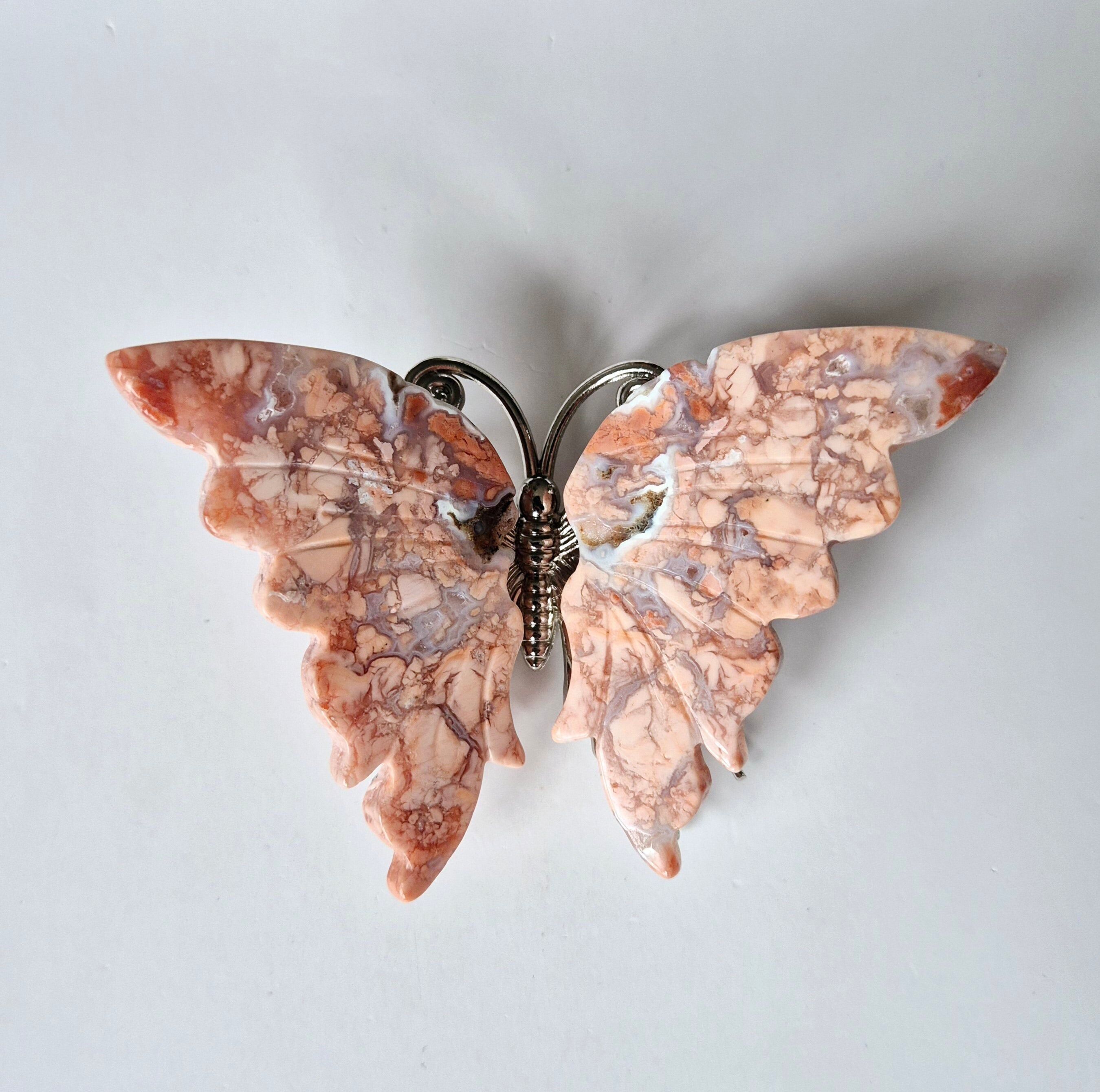 Petal Agate Agate Butterfly Crystal Carving Gemstone Butterfly with Metal Body 10cm