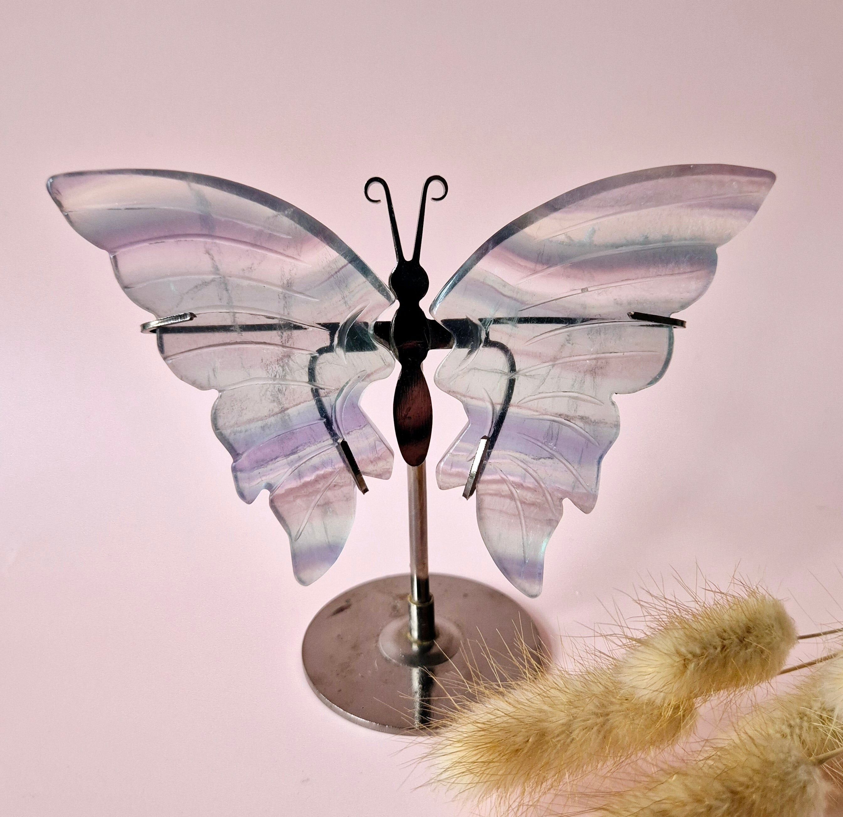 Candy Fluorite Butterfly Gemstone Crystal Carving with Metal Stand Butterfly
