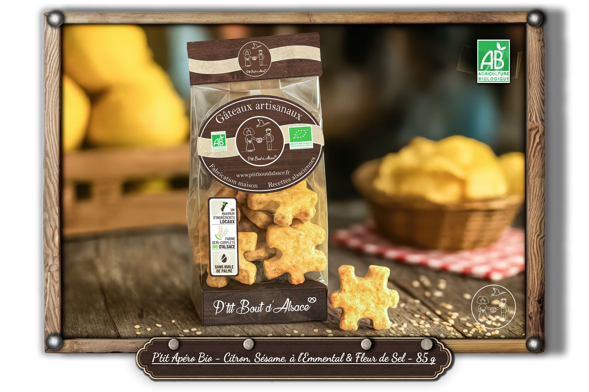 P'tit Apéro Bio – Zitrone, Sesam, mit Emmentaler und Fleur de Sel – 85 g