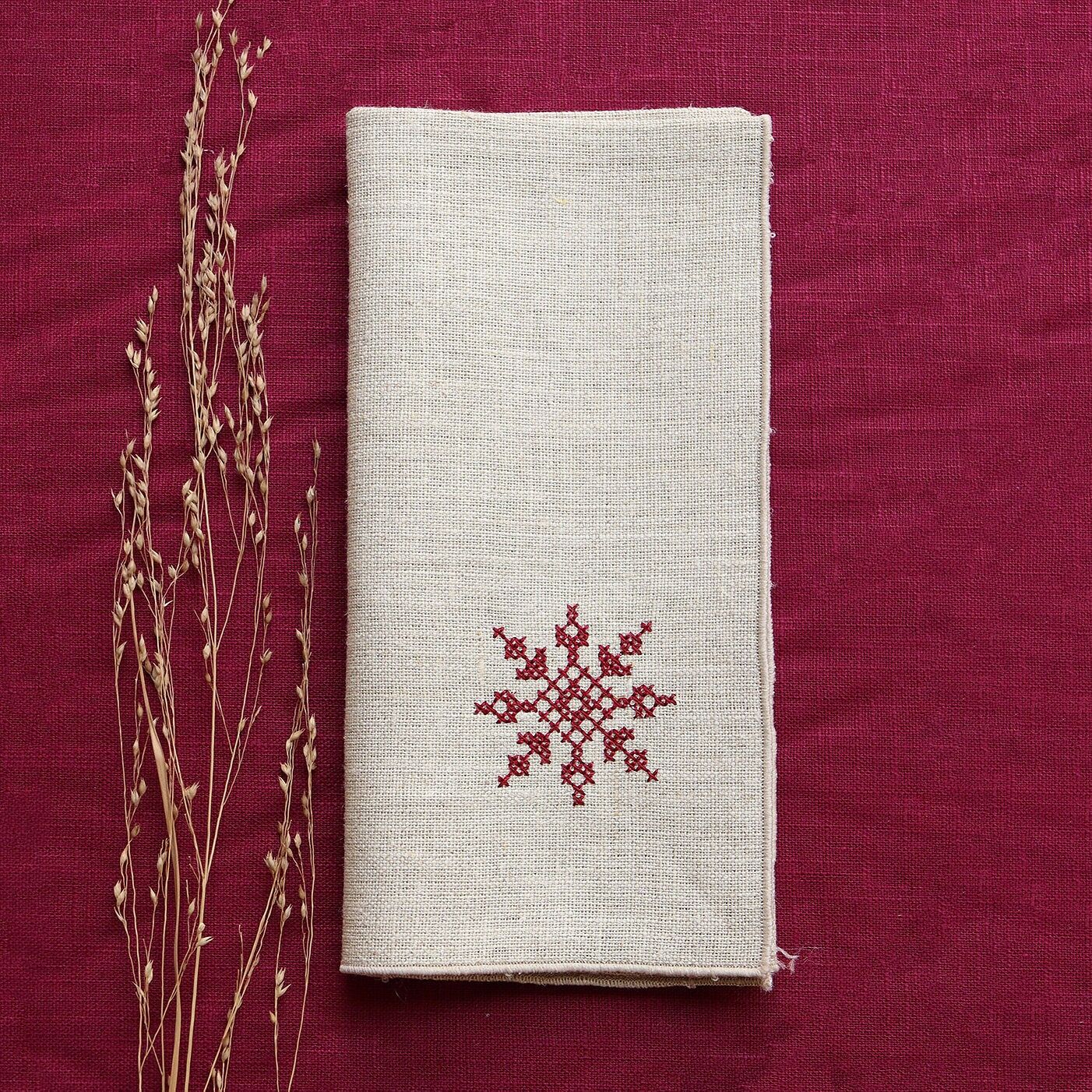 Pure linen napkin CROSS STITCH Snowflake