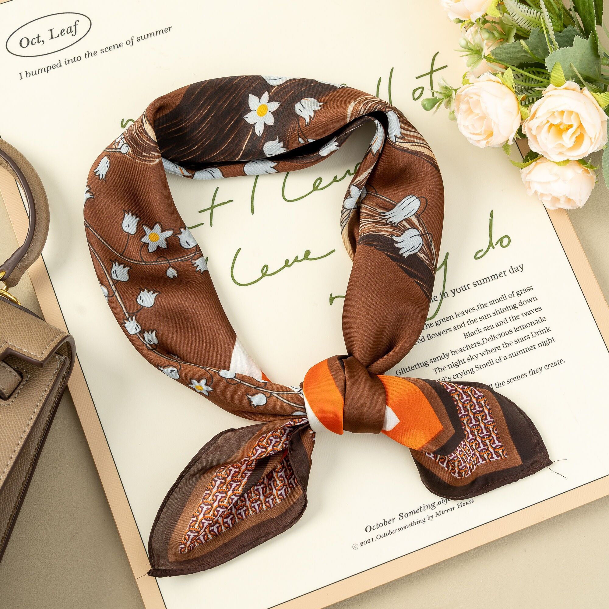 Floral Square Scarf 70x70 Silk Effect Botanical Elegance