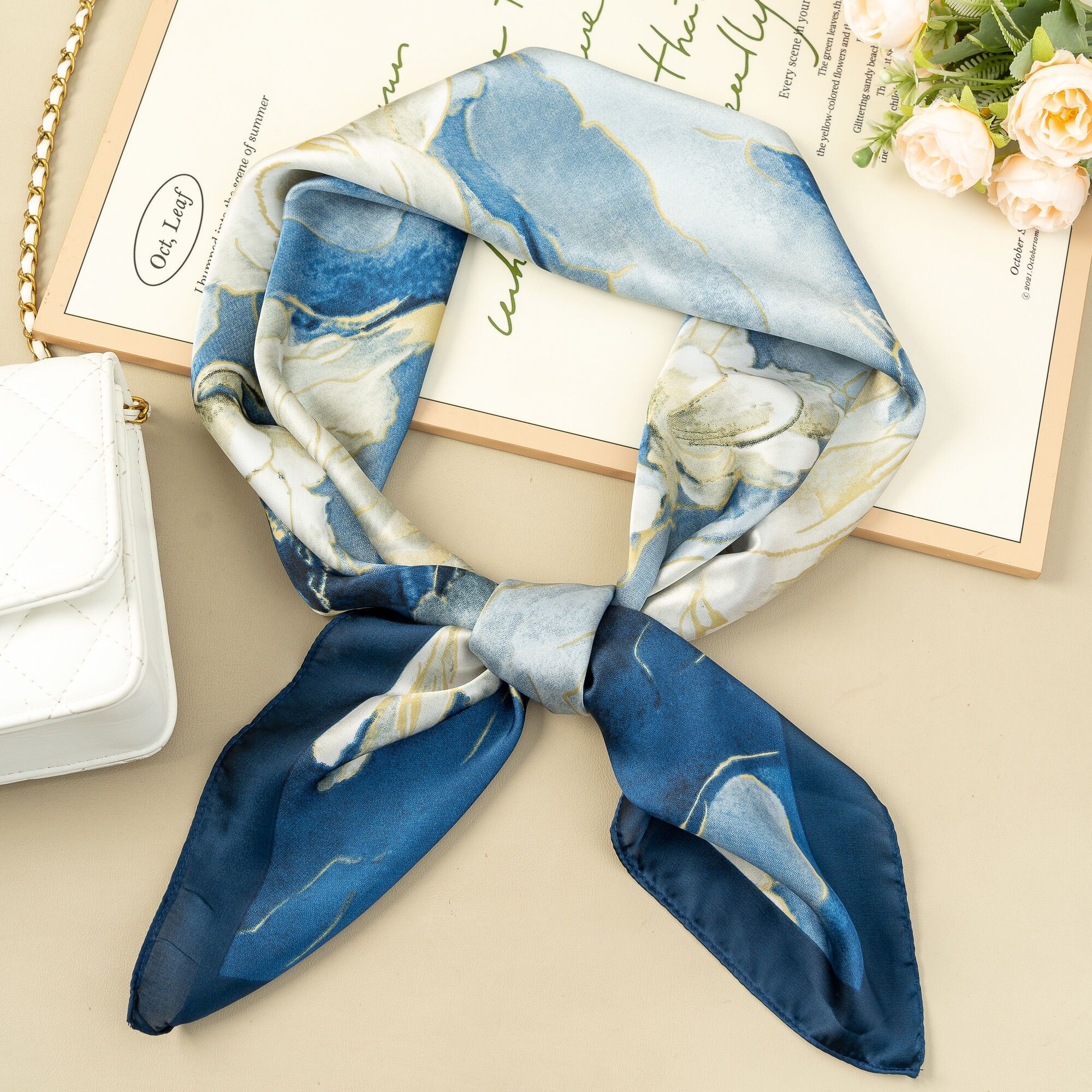 Silk Effect Square Scarf 90x90 Luxury Floral Midnight Blue