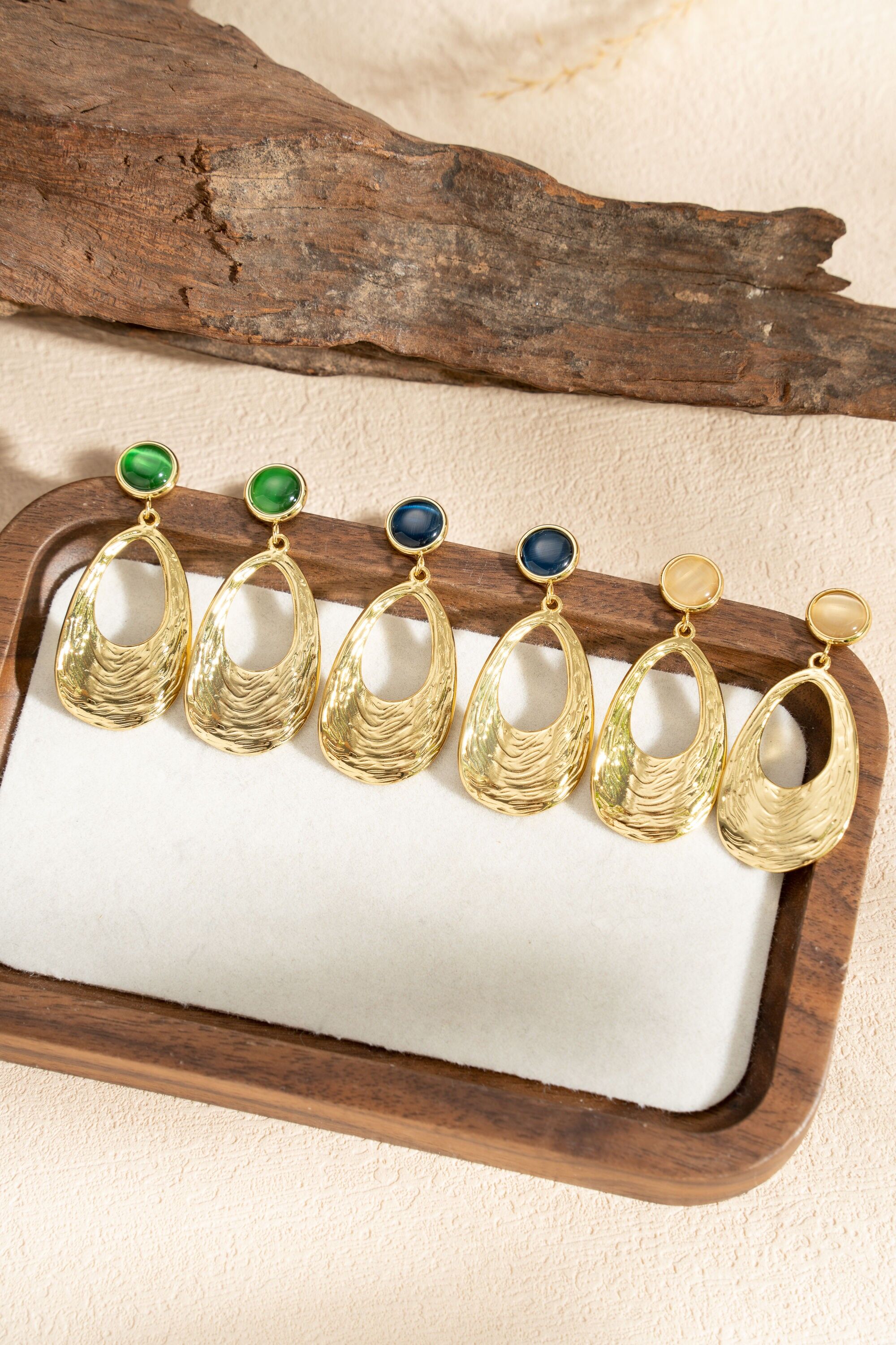 Chic Steel Sculpted Gold Stone & Drop Dangle Earrings