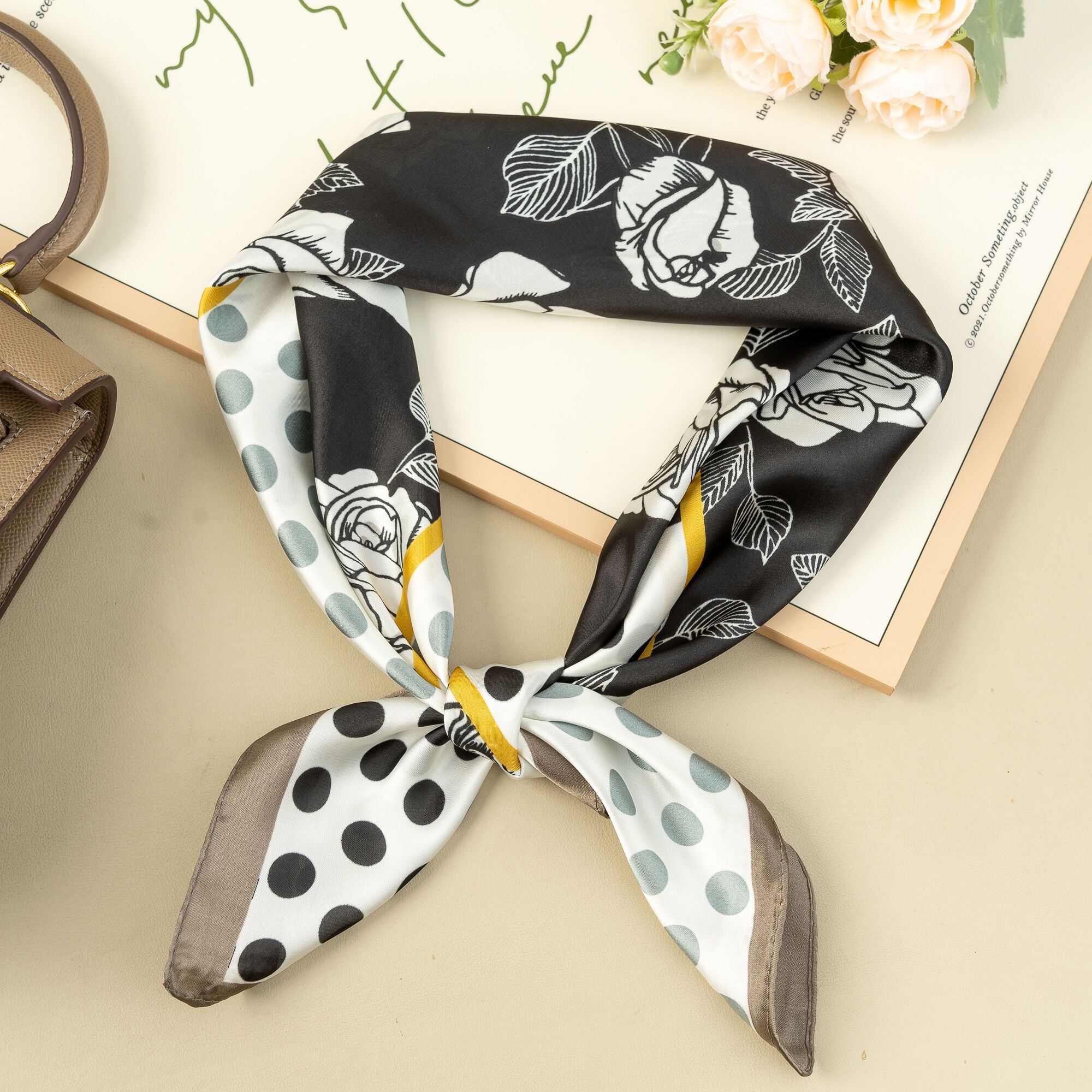 Square Scarf 70x70 Silk Effect Black Floral and Chic Polka Dots