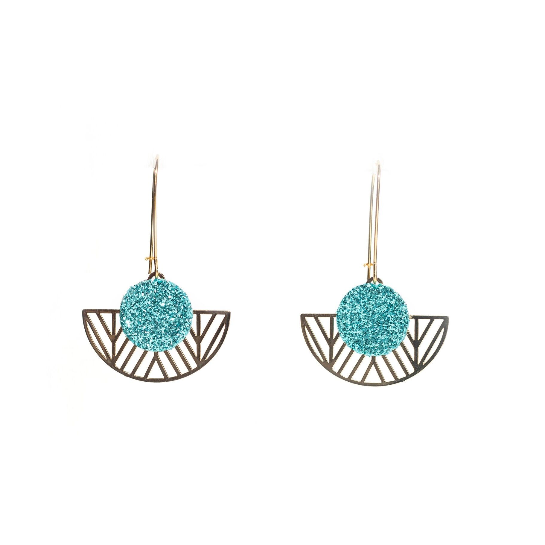 Orecchini a forma di ruota di pavone in similpelle blu turchese con glitter