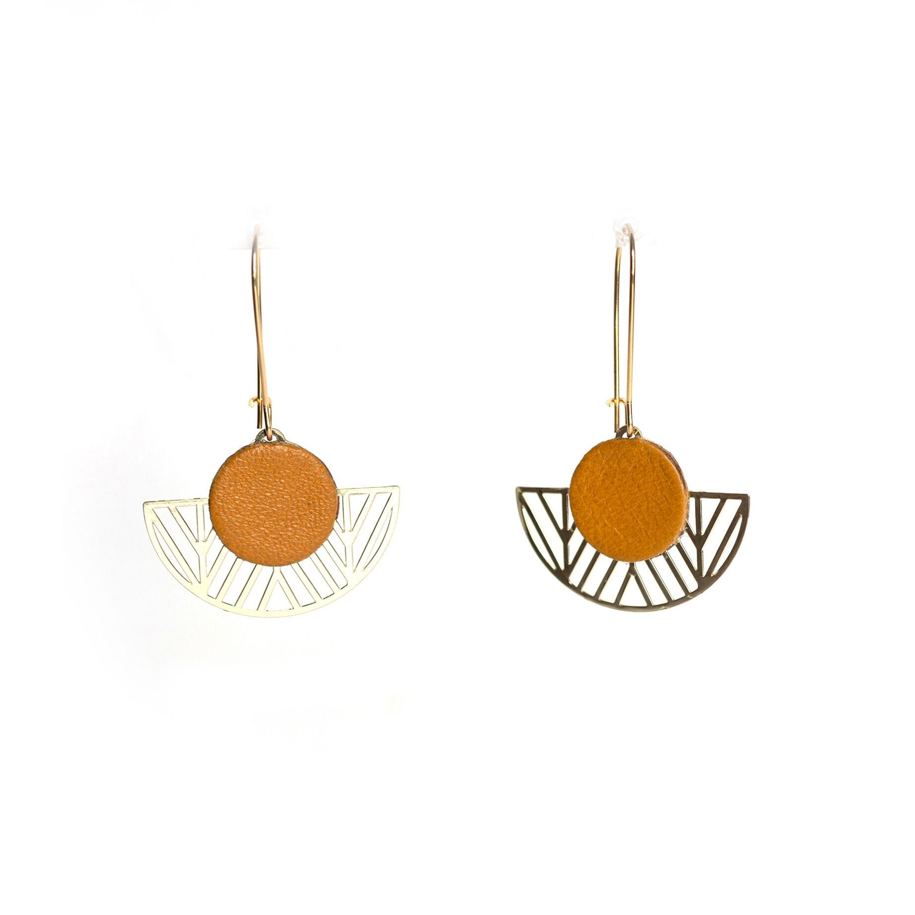 Boucles d'oreilles roue de paon cuir jaune ocre