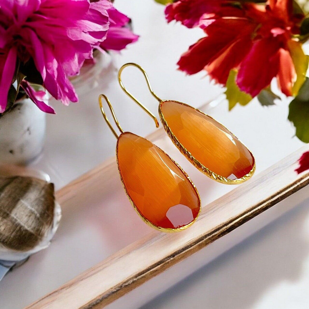 Boucles d’oreilles "DIAMORA 2" dorées or fin pierre naturelle Agate orange