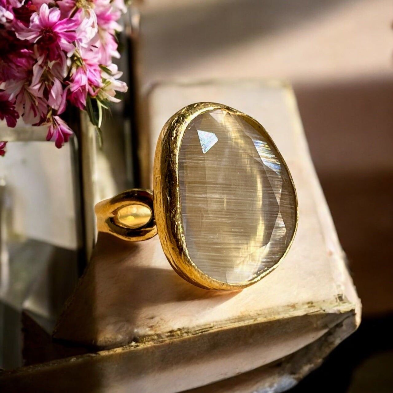 Anello "PERLINA" pietra naturale agata beige champagne dorato oro fino
