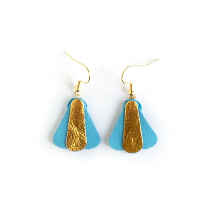 Orecchini semplici a farfalla - Pelle color oro e azzurro cielo