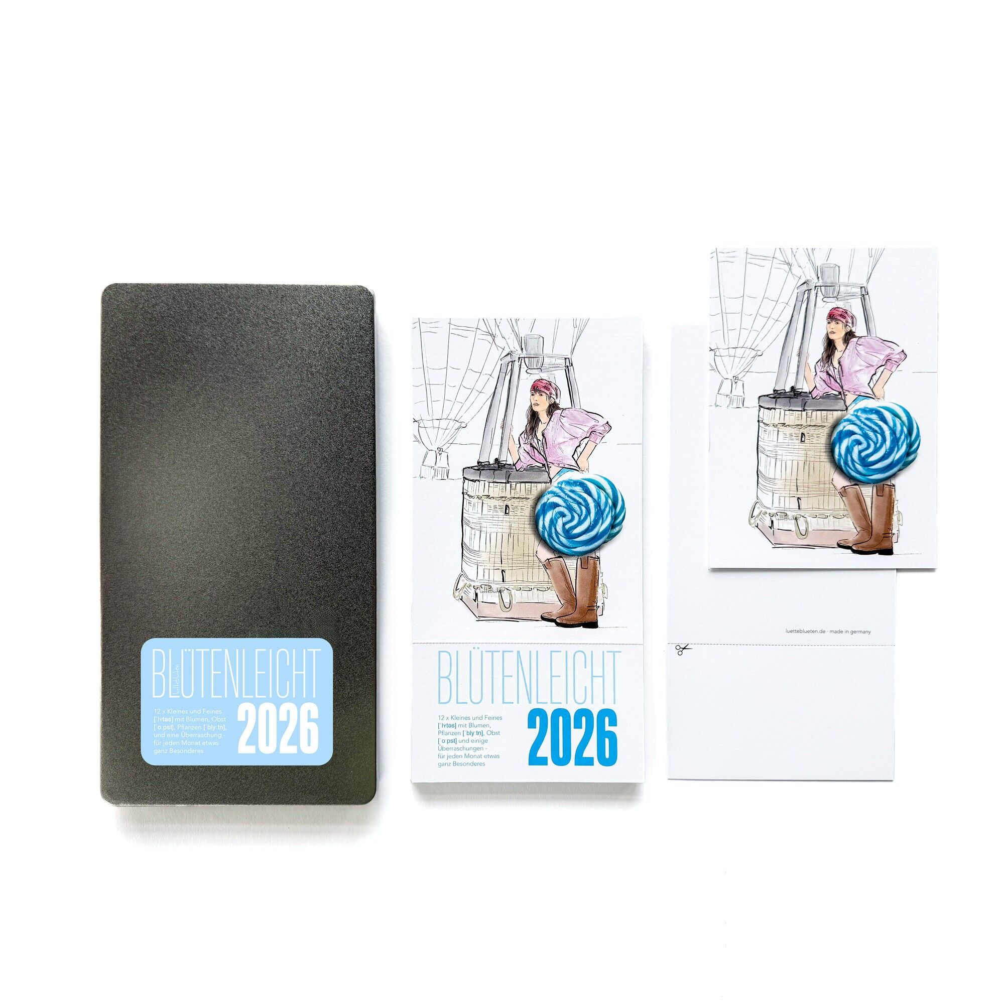 2026 Calendar with 12 Postcard Illustrations – Desk & Wall Calendar in Metal Box | Lütteblüten