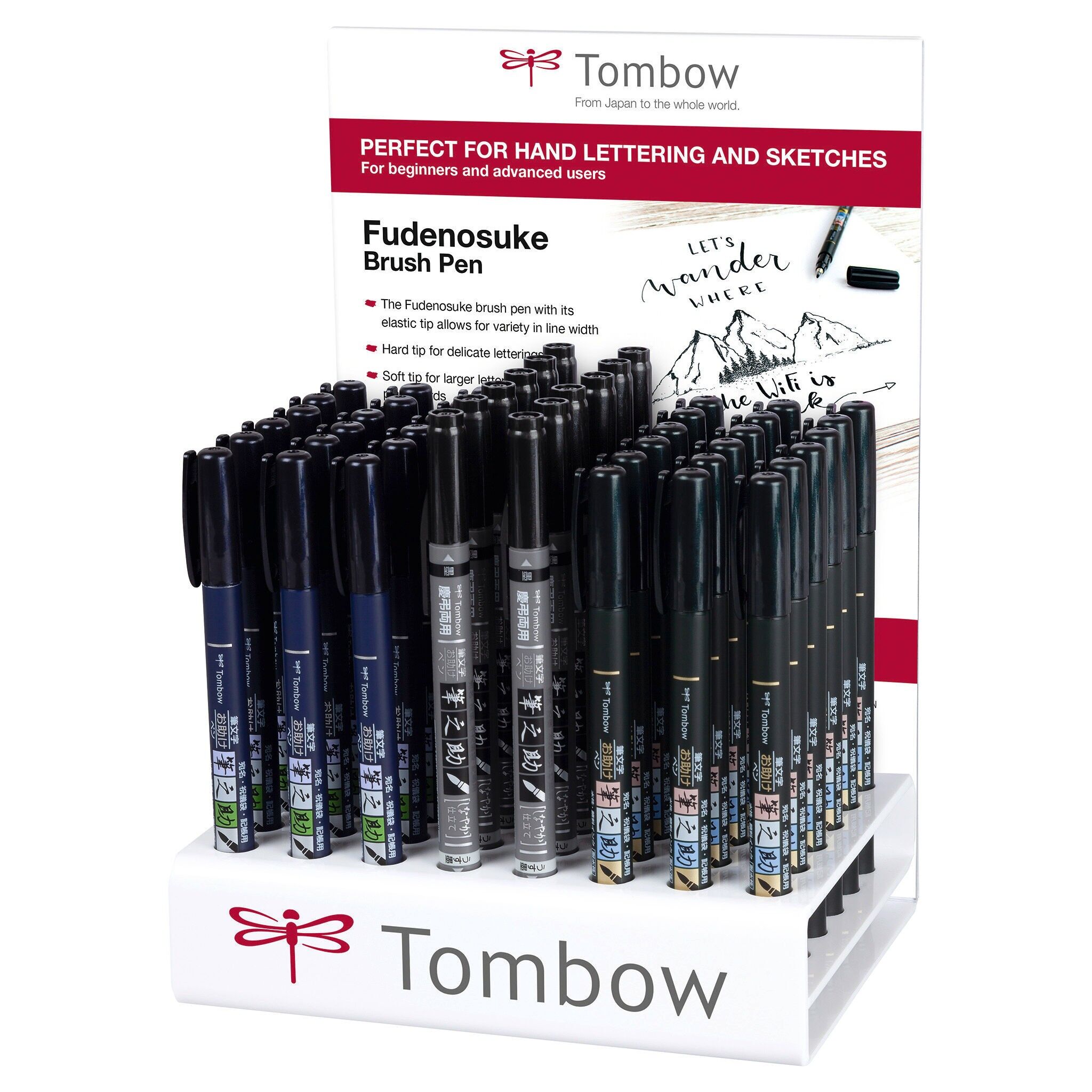 Feutre brush Fudenosuke présentoir noir et twin, 48 pièces (18x WS-BH, 18x WS-BS, 12x WS-TBS), dimensions présentoir (H/L/P) 238 mm x 165 mm x 132 mm