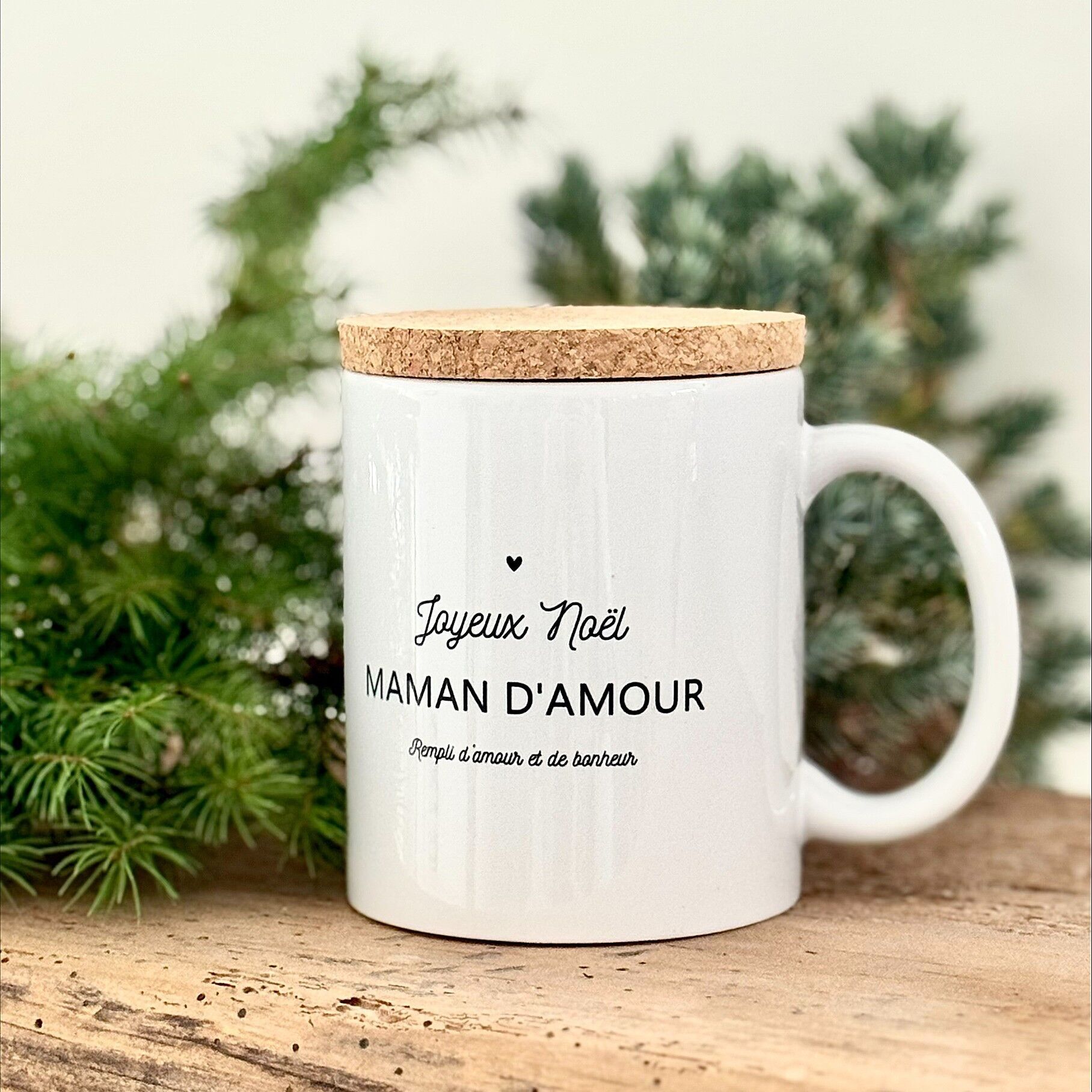 Mug "Joyeux noël maman d'amour" avec son couvercle en liège