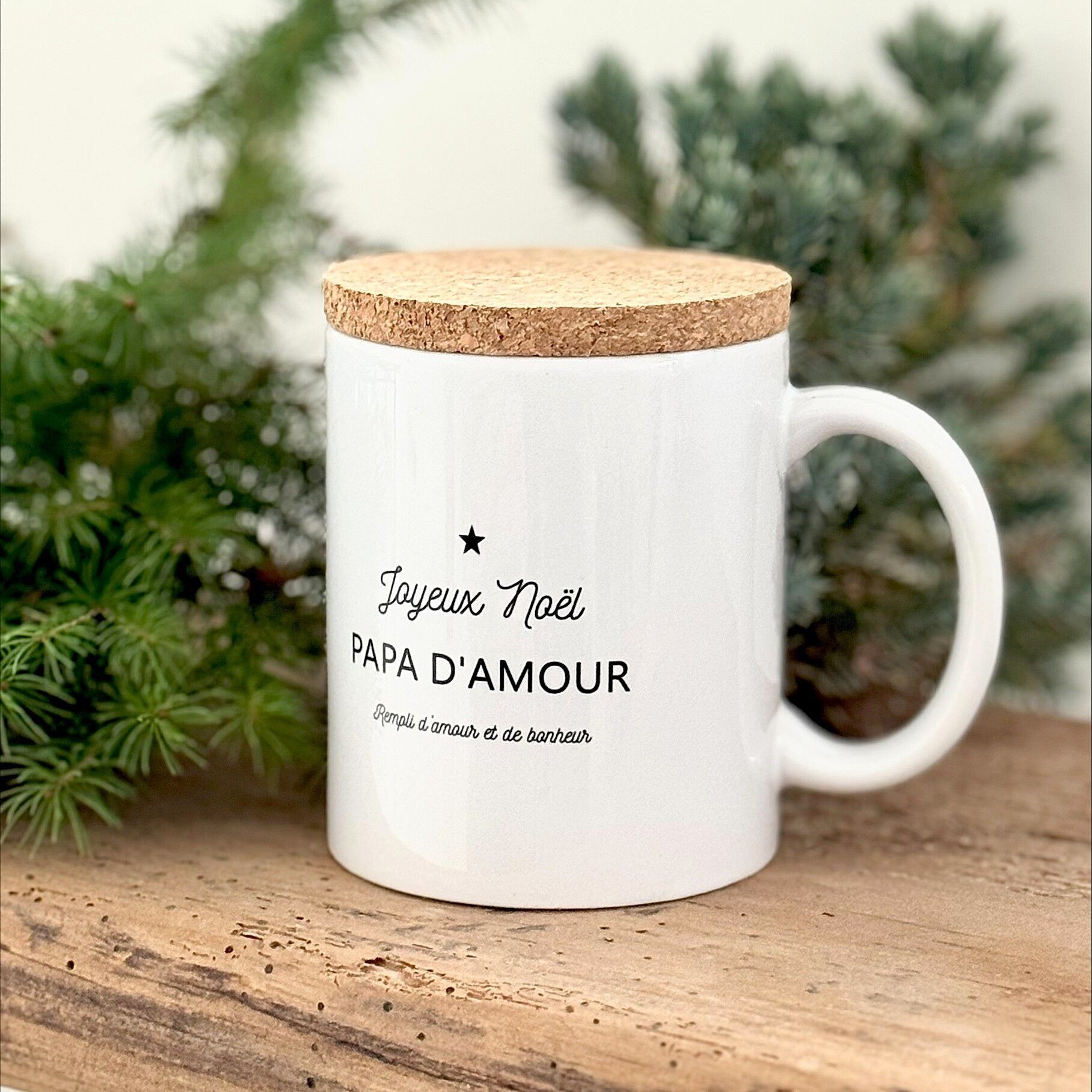 Mug "Joyeux noël papa d'amour" avec son couvercle en liège